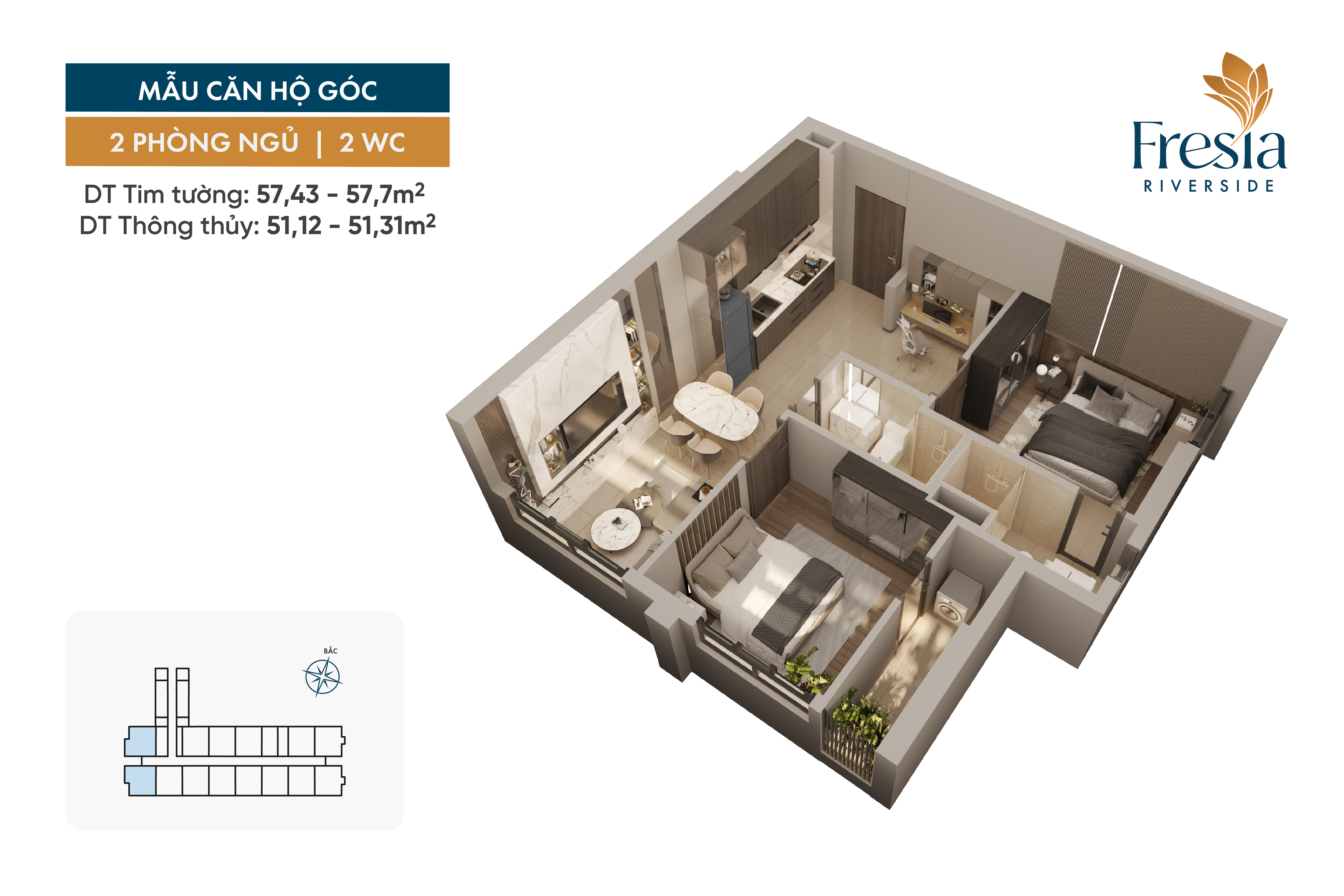 Căn hộ 2 phòng ngủ 1 WC